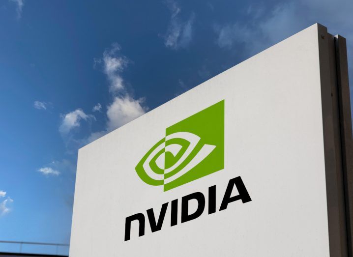 Nvidia logo on a board with a blue sky in the background.