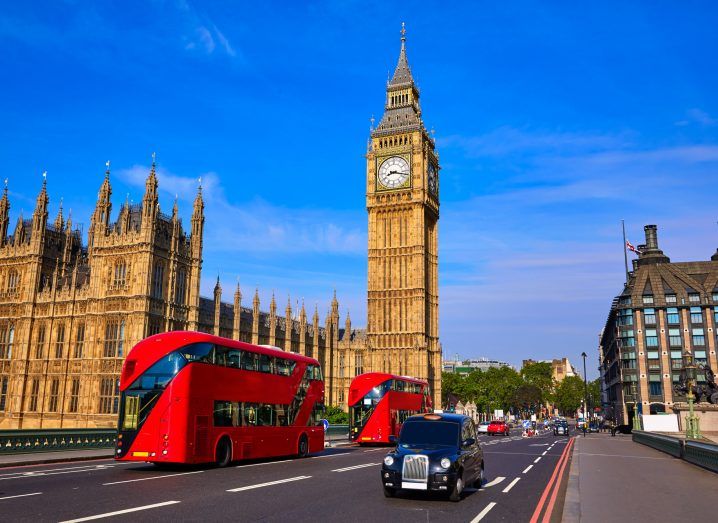 A street in London with the Big Ben visible.