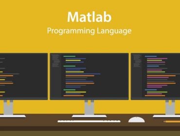 An illustration of three computer monitors showing a programming interface. There is a cup in the corner of the image and Matlab is written above the monitors on a yellow background.