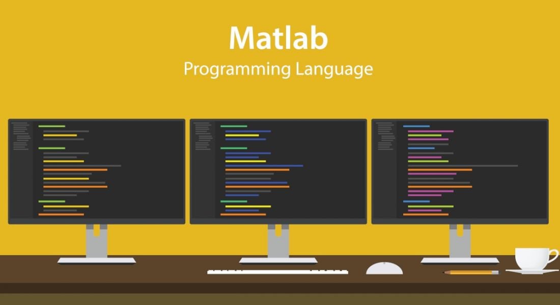 An illustration of three computer monitors showing a programming interface. There is a cup in the corner of the image and Matlab is written above the monitors on a yellow background.