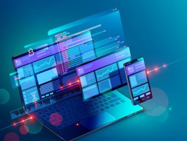 Front-end and back-end web development concept with a computer and mobile and tablet with websites open on them. They are illuminated in blue light floating on a blue background.