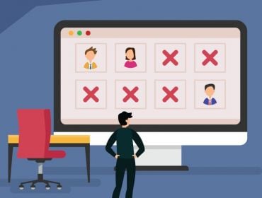 Absenteeism in the workplace concept cartoon with a manager standing in front of a large monitor with employees' faces on the icons and some employees are absent.