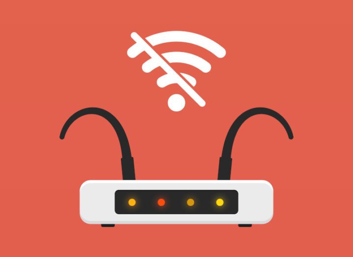 Illustration of a router with two aerials that are sagging. A symbol above the router signifies that there is no Wi-Fi connection.