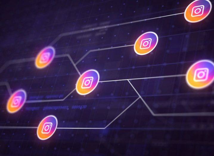 Multiple Instagram logos on a dark digital background, with lines connecting them together in a network.