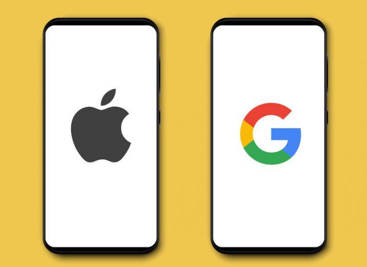 Two phones with an Apple and Google logo on their screens. The background the phones are on is yellow.