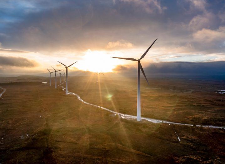 Multiple wind turbines in a field with the sun shining in the background.