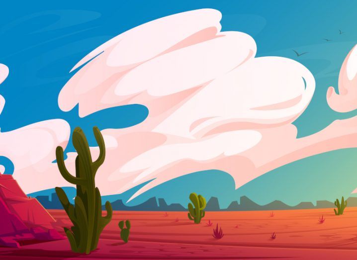 An illustration of the wild west frontier with large white clouds in the sky.