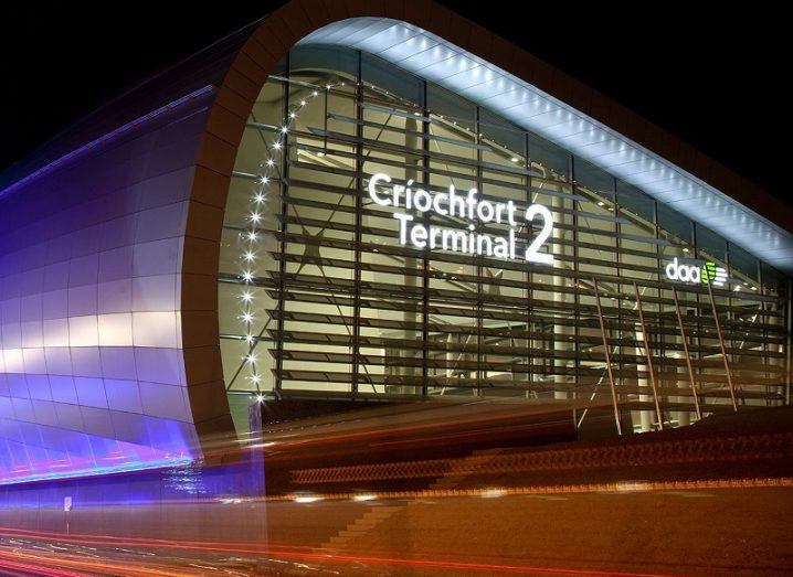 Terminal 2 at Dublin Airport shot at night.