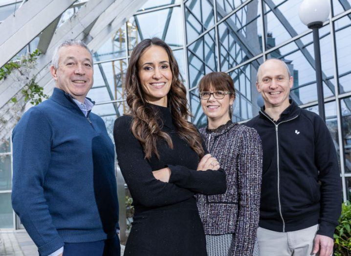 Two men and two women standing together in front of a windowed building. They are part of Lative, Elkstone and Enterprise Ireland.