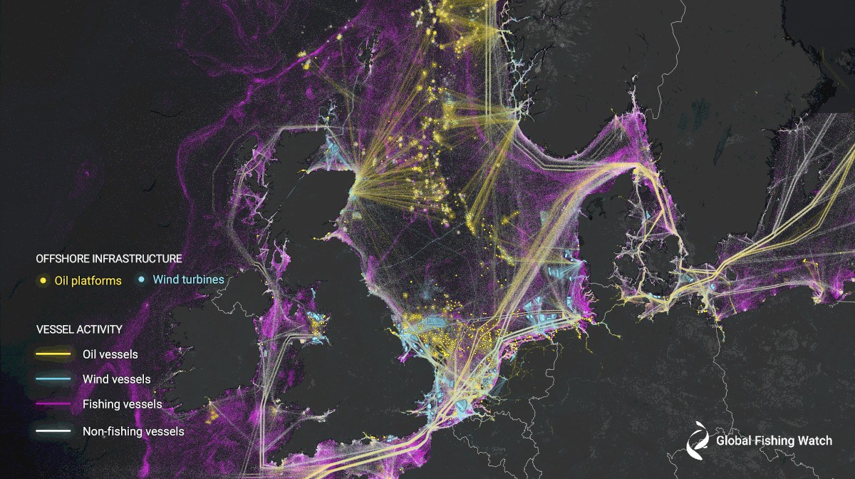 A map showing the North Sea, with Ireland, the UK and parts of Europe visible in the image. Different coloured dots and lines are in the image to show forms of human activity on the sea.