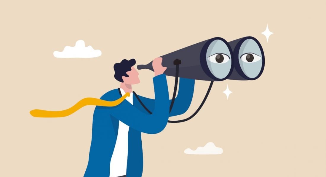 A cartoon of a man holding a large set of binoculars to represent a job search.