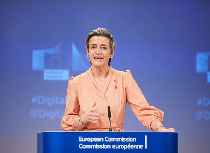 Margrethe Vestager speaking at a press conference.