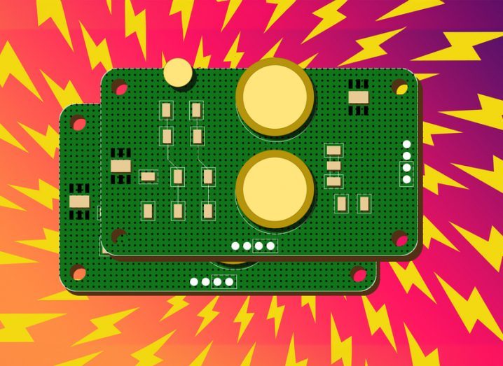 Illustration of the sensor in green with designs indication electricity in the background.