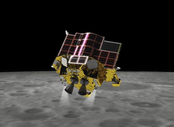 Illustration of the Slim moon lander created by Japan. The spacecraft is above the surface of the moon in the image.