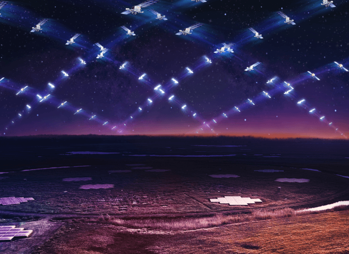 An artist’s impression of satellites in low Earth orbit circling above the LOFAR telescope. It is a reference to the Starlink satellites that have been emanating electromagnetic radiation according to a latest study.